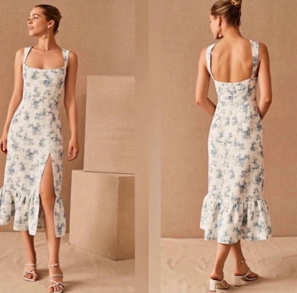 Sachin & Babi for Anthropologie White Blue Floral Square Neck Slit Midi Dress 2